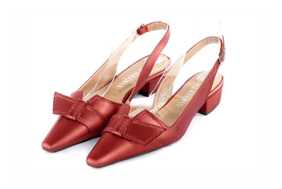 Women's cardinal red elegant slingback heels, with a bow on the front. Tapered toe. Low block heels - Front view